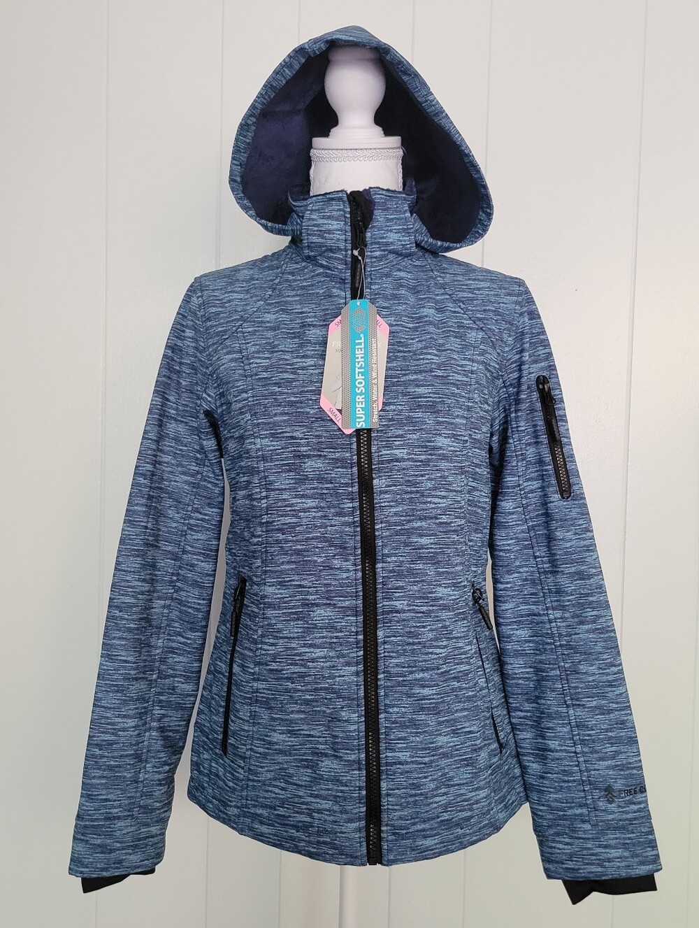 NWT Free Country Super Softshell Hooded Faux Fur Lined Coat Navy Blue Jacket SM